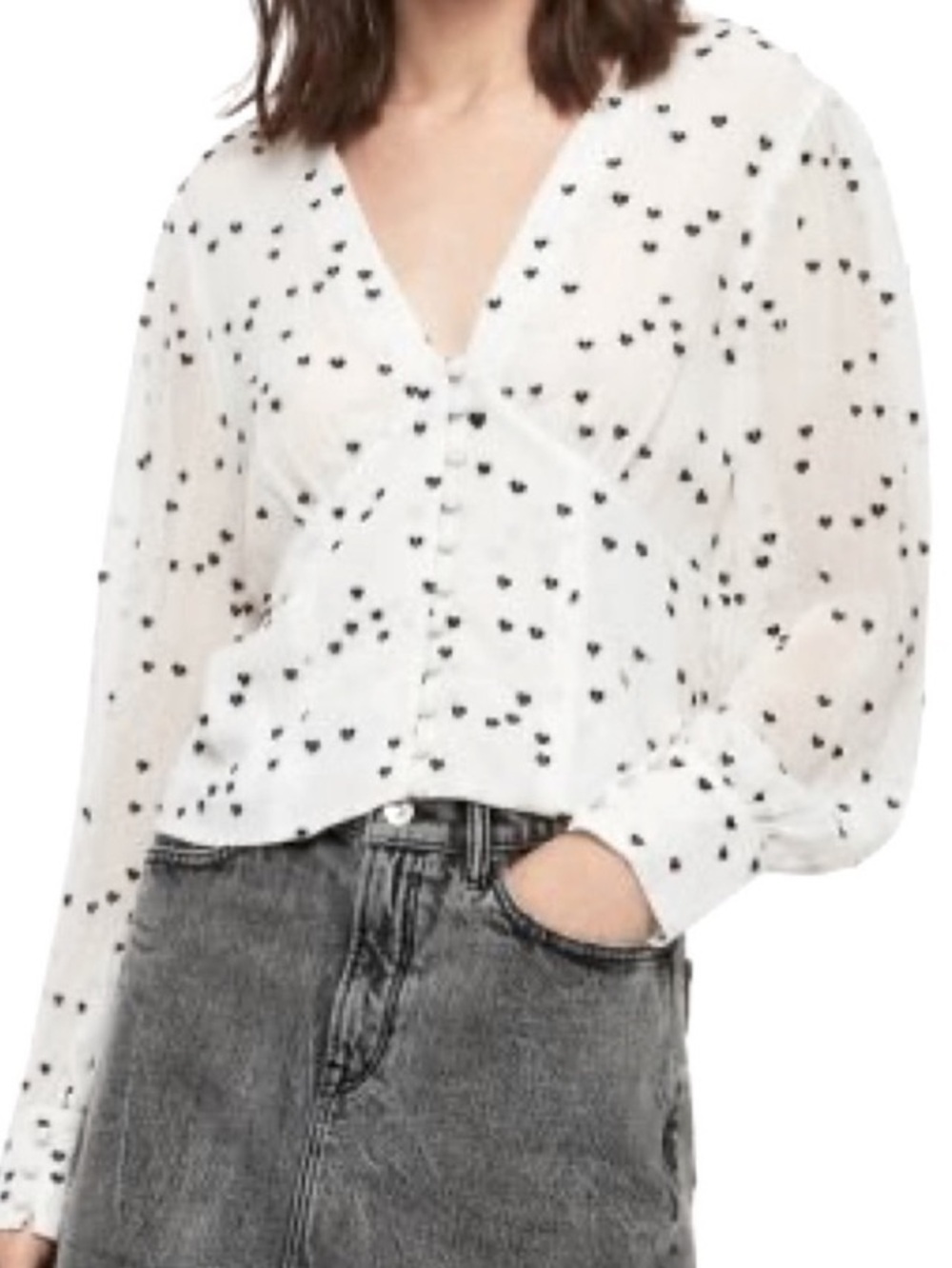 AllSaints Amalie Heart Print Blouse White Black V-Neck Top US 4
